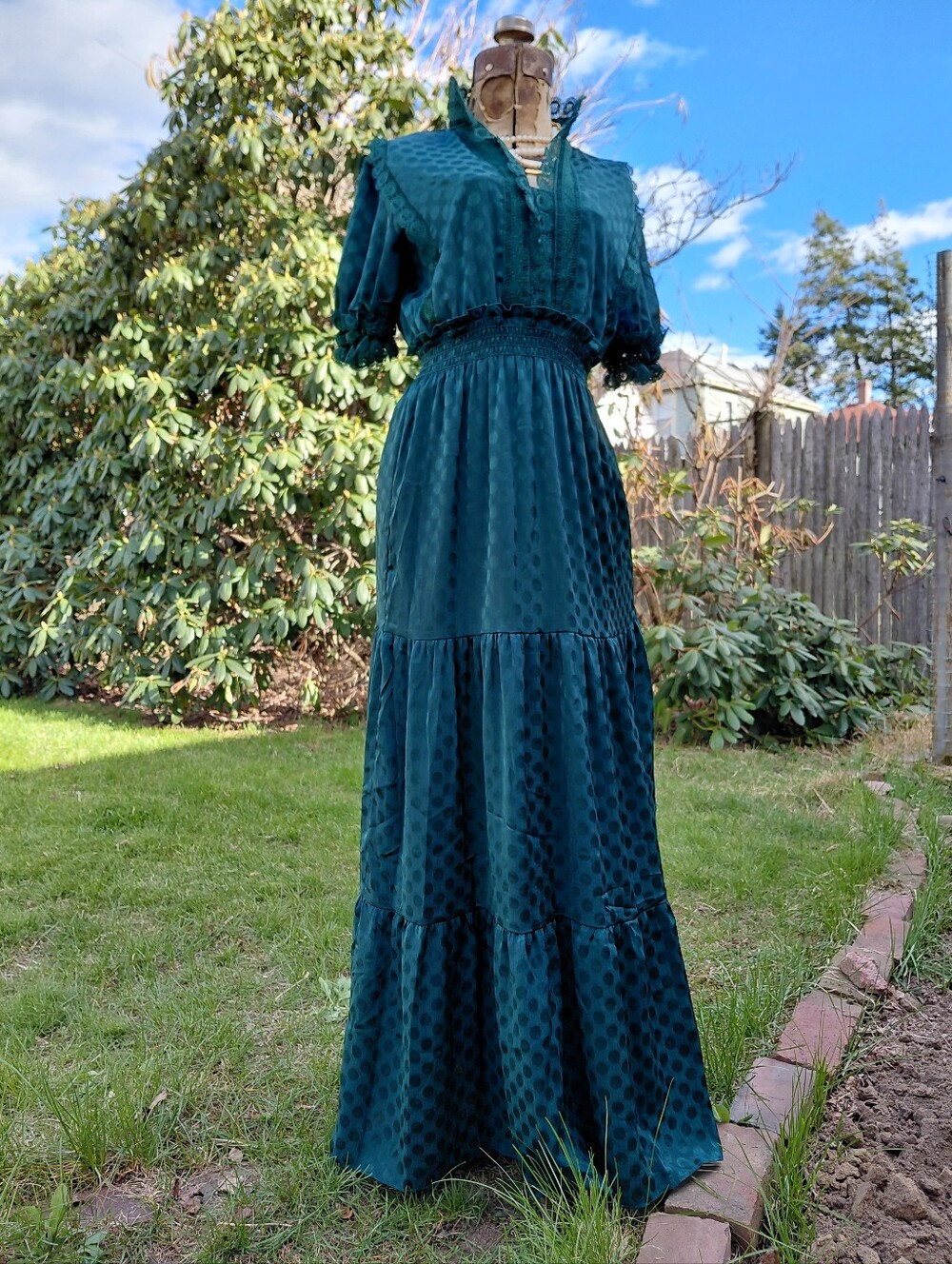 NWT Max Studio emerald green Bridgerton regency lace polka dot maxi dress XS